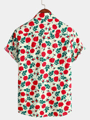 Men's Rose Print Cotton Breathable Beach Summer Button up Beige Short Sleeve Shirt