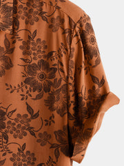 Men's Brown Floral Print Vintage Flower Holiday Breathable Short Sleeve Button Up Shirt