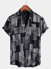 Men's Patchwork Print Daisy Floral Vintage Retro Holiday Short Sleeve Button Up Shirt