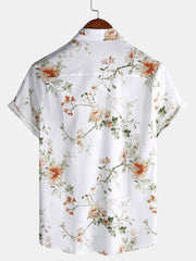 Men's Flower Print Cotton Hawaiian Floral Short Sleeve Shirt