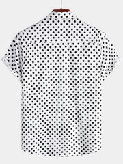 Men's Cotton Casual Polka Dot Summer White Pocket Short Sleeve Shirt
