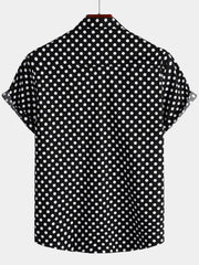 Men's Cotton Casual Polka Dot Summer Black Pocket Short Sleeve Shirt