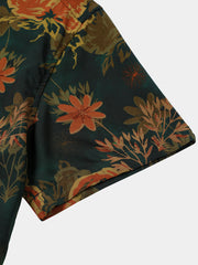 Men’s Summer Beach Vintage Dark Green Floral Casual Breathable Short Sleeve Shirt