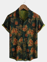 Men’s Summer Beach Vintage Dark Green Floral Casual Breathable Short Sleeve Shirt