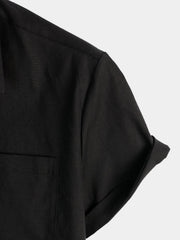 Men's Solid Color Linen Cotton Pocket Casual Button Short Sleeve Shirt