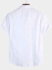 Men's Solid Color Linen Cotton Pocket Casual Button Short Sleeve Shirt