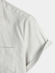 Men's Solid Color Linen Cotton Pocket Casual Button Short Sleeve Shirt