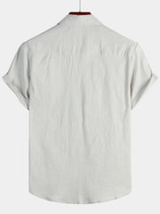 Men's Solid Color Linen Cotton Pocket Casual Button Short Sleeve Shirt