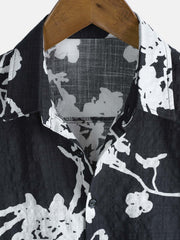 Men's Black and White Hawaiian Floral Breathable Cotton Casual Button Down Shirt