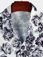 Men's Black Punk Rock Crown Floral Skull Print Short Sleeve Shirt