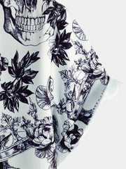 Men's Black Punk Rock Crown Floral Skull Print Short Sleeve Shirt