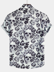 Men's Black Punk Rock Crown Floral Skull Print Short Sleeve Shirt