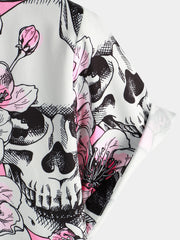 Men's Skull Pink Flowers Button Up Short Sleeve Shirt