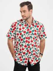 Men's Rose Print Cotton Breathable Beach Summer Button up Beige Short Sleeve Shirt