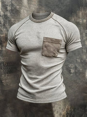 Men's Retro Distressed Color Block Waffle Knit Crew Neck Short Sleeve Top