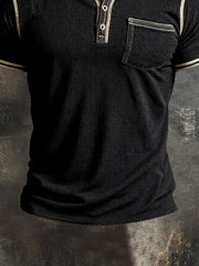 Men'S Retro Color Block Waffle Henley Collar Short-Sleeve Top