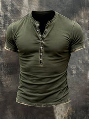 Men'S Vintage Distressed Henley Collar Short-Sleeved Top