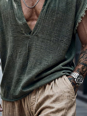Men's Retro Cotton Linen Frayed Edge V-Neck Short-Sleeve T-Shirt