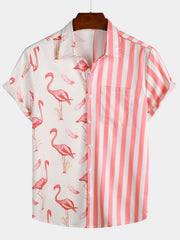Men's Pink Flamingo & Striped Print Pocket Short Sleeve Shirt