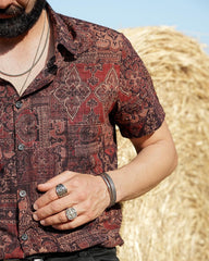 Men's Retro Paisley Floral Print Cotton Button Up Vintage Holiday Western Brown Short Sleeve Shirt