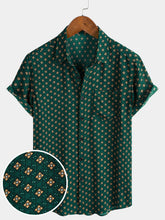 Men's Green Diamond Pattern Bohemian Casual Short Sleeve Shirt