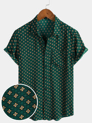 Men's Green Diamond Pattern Bohemian Casual Short Sleeve Shirt