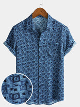 Men's Blue Geometric Print Bohemian Short Sleeve Shirt