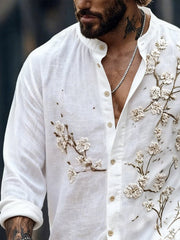 Men's Retro Cotton Linen Embroidered Stand Collar Long Sleeve Shirt
