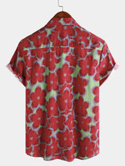 Men‘s 100% Cotton Hawaiian Red Floral Short Sleeve Button Summer Beach Shirt