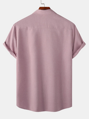 Men's Pink Breathable Solid Color Cotton Button Up Casual Short Sleeve Shirt
