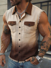 Men's Vintage Cotton-Linen Ombré Sleeveless Top with Frayed Edges