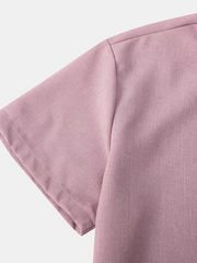 Men's Pink Breathable Solid Color Cotton Button Up Casual Short Sleeve Shirt