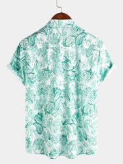Men‘s 100% Cotton Green Floral Hawaiian Short Sleeve Button Shirt