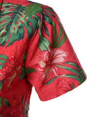 Women's Floral Print Breathable Blouse Cotton Aloha Short Sleeve Red Hawaiian Shirt