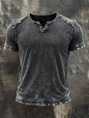 Men's Retro Distressed Frayed Edge Small V-Neck Short-Sleeve Top