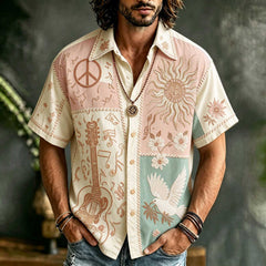 Men's Guitar Peace Sign Sun Dove Floral Hippie Boho Vacation Printed Linen Short Sleeve Shirt