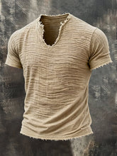 Men's Retro Cotton Linen Frayed Edge Special V-Neck Short-Sleeve T-Shirt