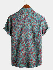 Men's Short Sleeve Classic Paisley Pattern Cotton Shirt