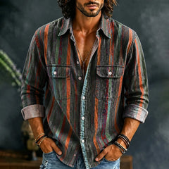 Men's Retro Colorful Stripe Print Pocket Shirt