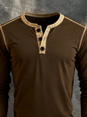 Men's Retro Stitching Contrast Color Henley Collar Long Sleeve T-Shirt
