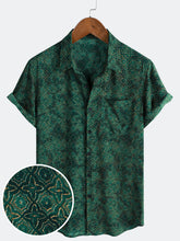 Men's Green Vintage Geometric Casual Short Sleeve Shirt