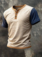 Men'S Vintage-Style Color-Block Short-Sleeved T-Shirt With Henley Collar