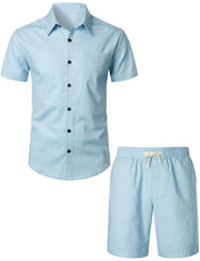 Men's Navy blue Solid Color Linen Cotton Outfit Pocket Short Sleeve Shirt and Shorts Set