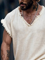 Men's Retro Cotton Linen Frayed Edge V-Neck Short-Sleeve T-Shirt