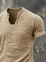Men's Retro Cotton Linen Frayed Edge Special V-Neck Short-Sleeve T-Shirt