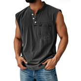 Men's Vintage Stand Collar Casual Pocket Solid Color Sleeveless Henley Vest