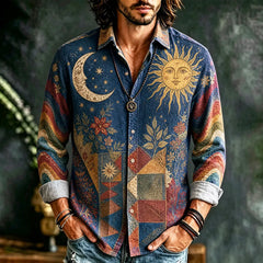 Men's Vintage Long Sleeve Button-down Shirt - Dark Blue Celestial Sun, Moon, Stars And Geometric Patchwork Floral Print Top