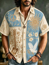 Men's Guitar Peace Sign Sun Dove Floral Hippie Boho Vacation Printed Linen Short Sleeve Shirt