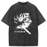 Tokyo-Tiger Retro Cat Smoking Washed T-Shirt