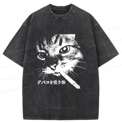 Tokyo-Tiger Retro Cat Smoking Washed T-Shirt